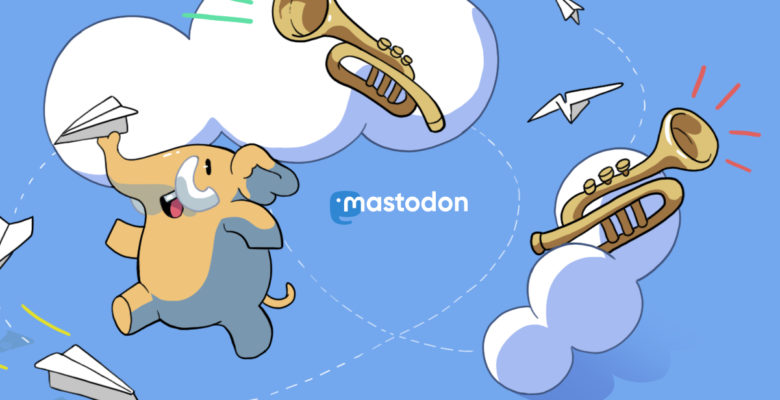 Dessin de la mascote de Mastodon (un éléphant) qui danse en l'air avec des trompettes en lançant des avions en papier